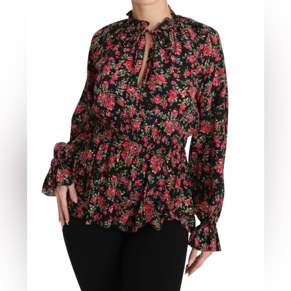 Dolce & Gabbana Vintage D&G Archival Silk Rose Print Long Sleeve Ruffle Peplum
